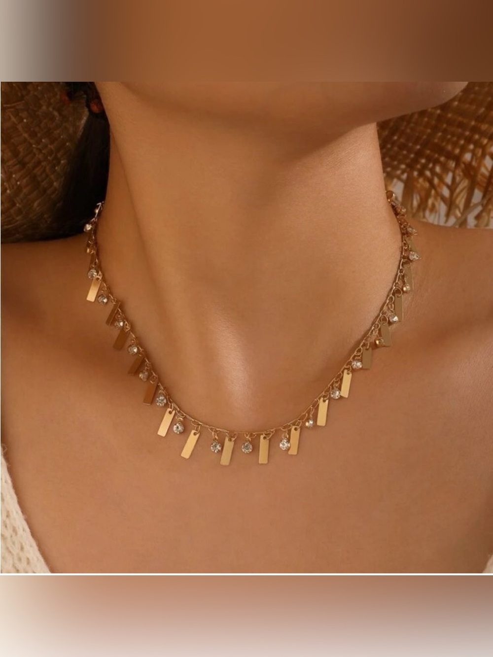 Gold Rhinestone Geometric Charm Necklace
